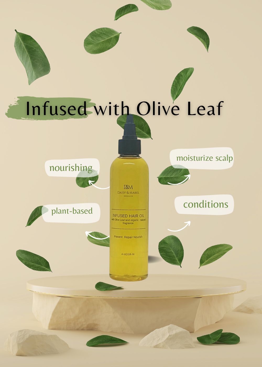 hair growth oil infused with olive leaf with nourishing plant based scalp moisturizer and conditions 4 oz bottle  daisy and mabel organics