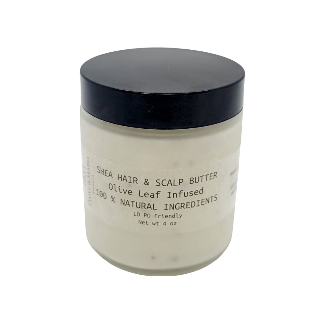 whipped organic shea hair scalp and body  butter with olive leaf, for dry natural hair 4 oz frosted glass jar, daisy and mabel organics