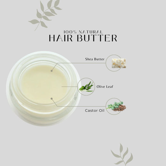 whipped organic natural shea hair butter for moisture infographic, with shea butter olive leaf castor oil, daisy and mabel organics