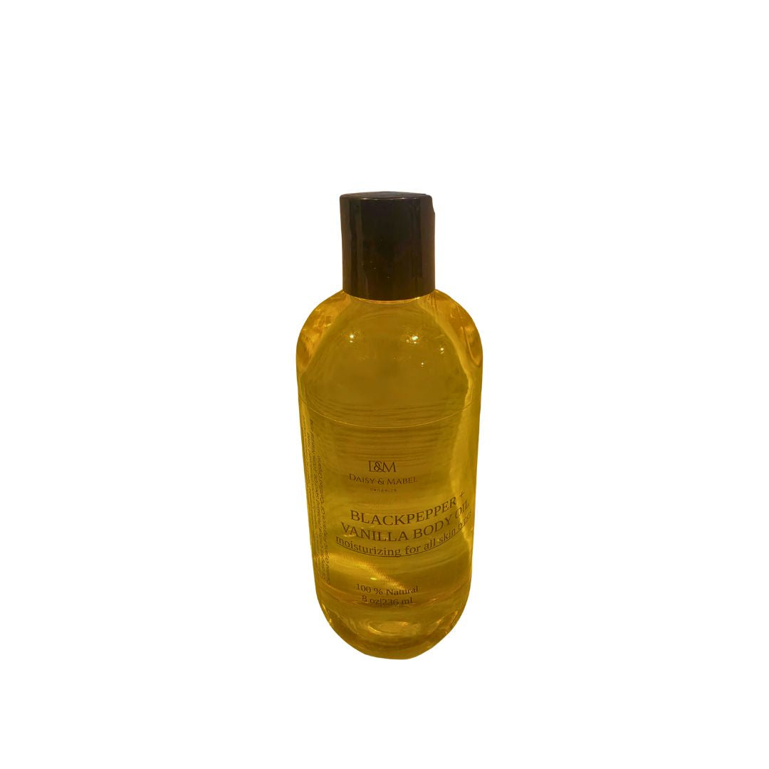 bottle of body oil in a jar disc top lid by daisy and mabel organics 8 oz