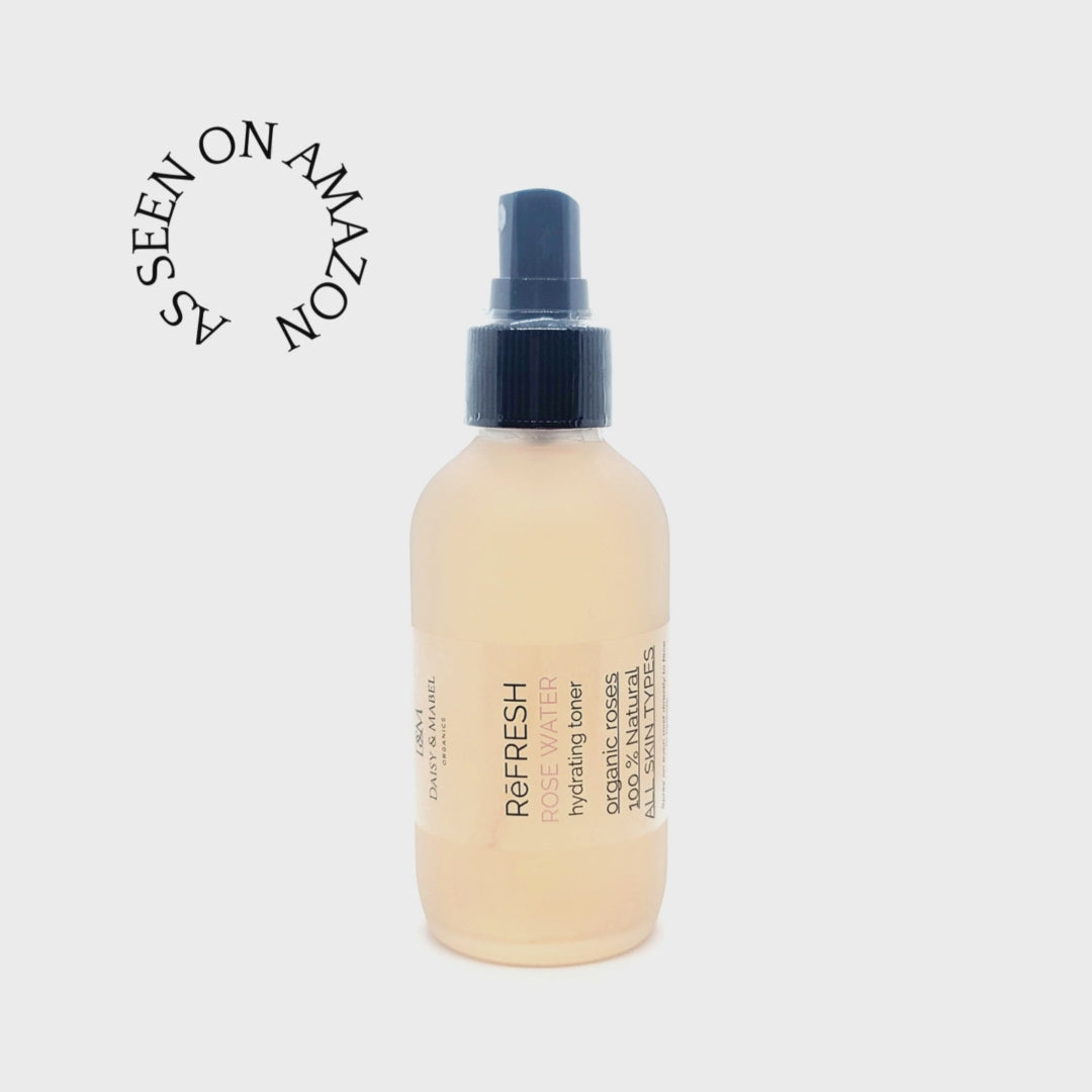 vitamin c serum with vitamin E skin brightener 5% formulation fragrance free rose water toner hydrating toner organic roses  4 oz frosted glass bottles with fine mist spray amazon daisy and mabel organics